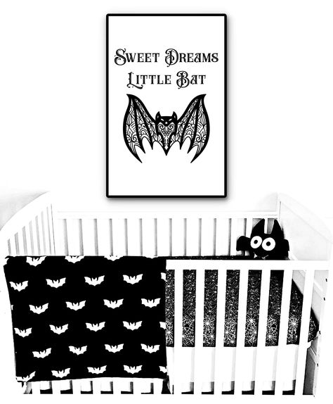 Gothic Nursery Decor artwork for the little baby bat in the family. This is an attractive mandala design bat that can be ordered with the design as black on white or the design is white on black. The size options for this artwork are either 8x10 inch 11x17 inch 12x18 inch or 13x19 inch. Your artwork will be printed on presentation media stock paper,  with the color option you choose. All sizes will print with a white border so artwork will not be obstructed by placing in your frame.  If you woul Spooky Nursery Theme, Baby Nursery Inspiration Small Room, Halloween Nursery Decor, Bat Themed Nursery, Spooky Nursery Ideas, Witchy Nursery Decor, Goth Baby Room, Goth Nursery Ideas, Dark Nursery Ideas