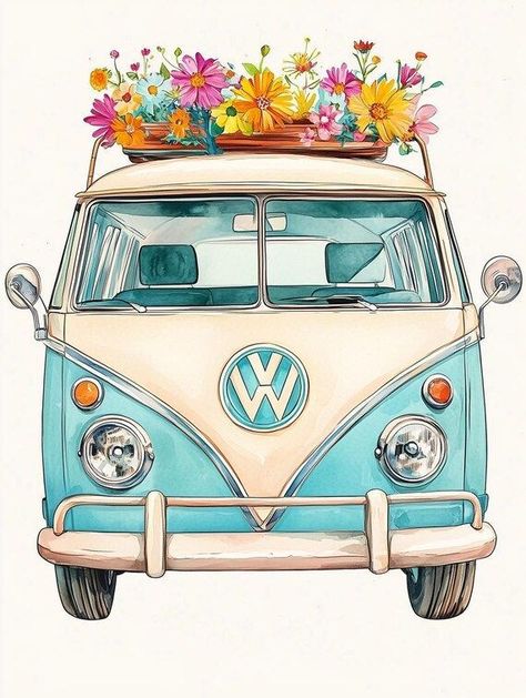 Vintage Volkswagen Bus Art Print with Colorful Flowers Canvas Wall Art for Home Decor, Digital Download Inspired by Watercolor Style by CustomCanvasCurators Check out this groovy vintage Volkswagen bus art print that's giving off major retro vibes! 🌼 The vibrant floral details add a whimsical touch, perfect for adding a pop of color and nostalgia to any space. Whether you're into vintage aesthetics or just love a bit of nature-inspired art, this piece is sure to spark joy and conversation. ... Vintage Watercolor Illustration, Vw Bus Illustration, Vw Bus Painting, Vw Bus Art, Volkswagen Bus Art, Volkswagen Vintage, Vintage Volkswagen Bus, Retro Bus, Bus Art