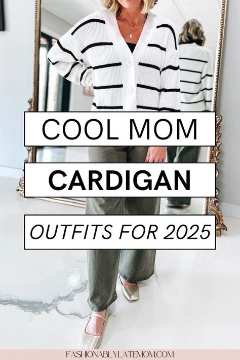 Elevate your casual mom style with chic cardigan outfits. This guide showcases stylish and comfortable ways to wear a cardigan over women's top, perfect for running errands or relaxing at home. Find new ways to layer your favorite pieces while maintaining an effortlessly put-together look. Tshirt And Cardigan Outfit, Styling A Cardigan Outfit Ideas, What To Wear With A Cardigan, Casual Outfit With Cardigan, How To Style A Cardigan Sweater, Play Date Outfit For Mom, How To Style A Long Cardigan, Long Sweater With Jeans, Black Cardigan Outfit Work