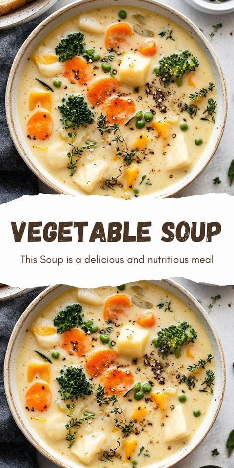 This hearty and comforting One-Pot Creamy Vegetable Soup is a delicious and nutritious meal perfect for cozy nights in! 🥕🥦🍲 Packed with vibrant veggies, a rich, creamy broth, and full of flavor, this soup is a quick and easy option for lunch or dinner.  Plus, it’s all made in one pot for easy cleanup! 🙌  ✨ Make this creamy vegetable soup today and enjoy a warm, nourishing bowl! ✨  #CreamyVegetableSoup | #HealthyRecipes Vegetable Soup With Leeks, Cozy Vegetarian Soups, Quick And Easy Veggie Soup, Creamy Veggie Soup Recipes, Healthy Easy Soup Recipes, Vegetable Soup With Potatoes, Vegetable Broth Recipes, Vegetable Soup Creamy, Vegetarian Soups And Stews