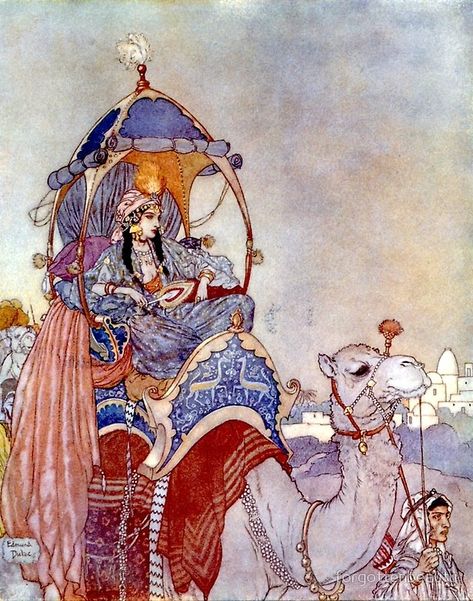 The Queen of Sheba - Arabian Nights - Edmund Dulac The Queen Of Sheba, Kay Nielsen, Queen Of Sheba, Edmund Dulac, 동화 삽화, Fairytale Illustration, Illustration Vintage, Fairytale Art, Art Et Illustration