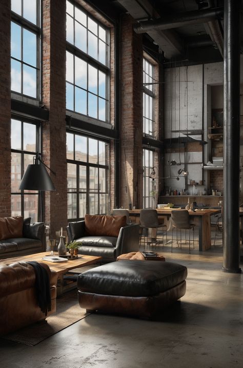 Nyc Industrial Apartment, New York Loft Aesthetic, Industrial Building Exterior, Industrial Studio Apartment, Warehouse Living Room, Penthouse Aesthetic, Industrial Flat, Loft Apartment Industrial, Loft Aesthetic