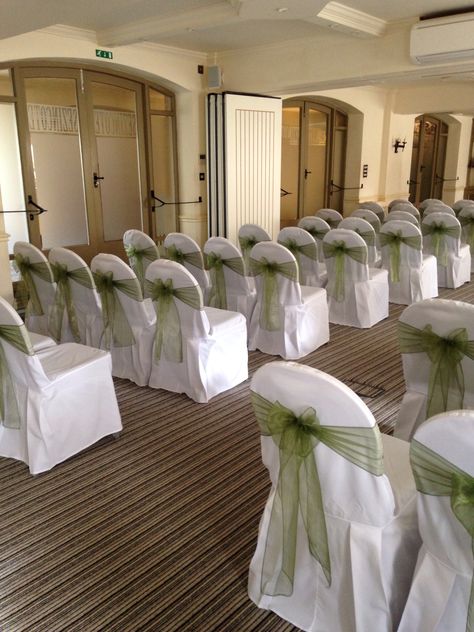 Sage Green Quinceanera Table Decor, Sage Green Table Decorations, Sage Green Chair Sashes Wedding, Green Chair Sash Wedding, Sage Green And White Dress, Sage Green Wedding Chairs, Sage Green Gold And White Party, Sage Green Chair Sash, Quince Chair Decorations