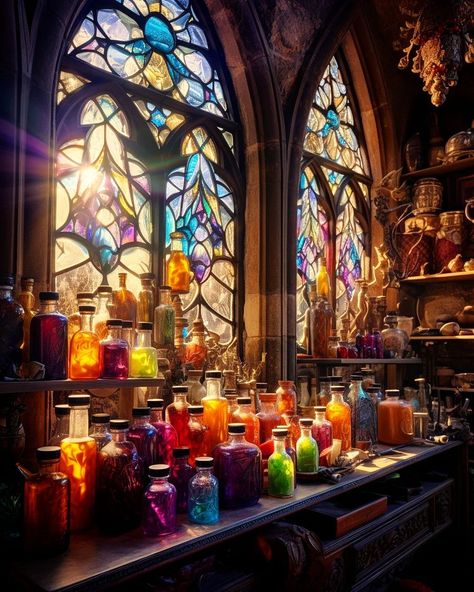 Healing Potions Aesthetic, Potion Shop Fantasy Art, Potion Maker Aesthetic, Potion Shop Aesthetic, Fantasy Apothecary, Potions Aesthetic, Potion Aesthetic, Potion Lab, Potions Shop