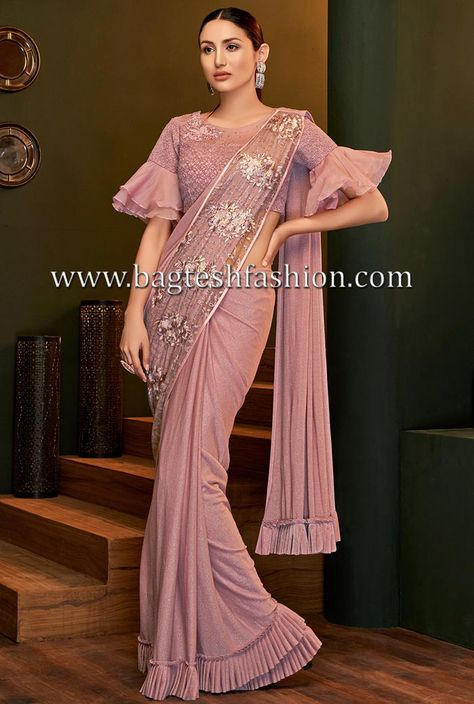 Pink lycra bridal lycra party wear saree with thread, zari, cord embroidery and handwork butta. As shown matching pink taffeta silk blouse can be made available and also can be customized as per your style or pattern subject to fabric limitation. Sari Wedding, Handmade Saree, Blouse Ideas, Ruffle Saree, Ethnic Sarees, Wedding Blouse, Wear Saree, Saree Look, Designer Saree