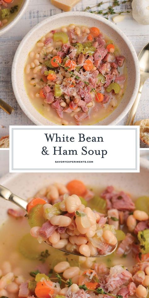 A hearty ham soup recipe seasoned with fresh herbs, vegetables and then a splash of my secret ingredient. The best use for leftover ham! Ham And Lima Bean Soup, White Bean Ham Soup, Lima Beans And Ham, Leftover Ham Recipes Crockpot, Lima Bean Soup, Ham Soup Recipes, Ham And Bean, Slow Cooker Ham, Bean Soup Recipe