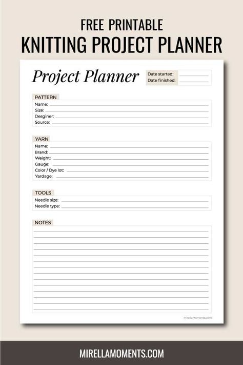 Free printable knitting project planner | Mirella Moments Craft Tracker, Crochet Journal, Crochet Tags, Project Planner Template, Project Planner Printable, Full Year Calendar, Craft Journal, Calendar For Kids, Project Template