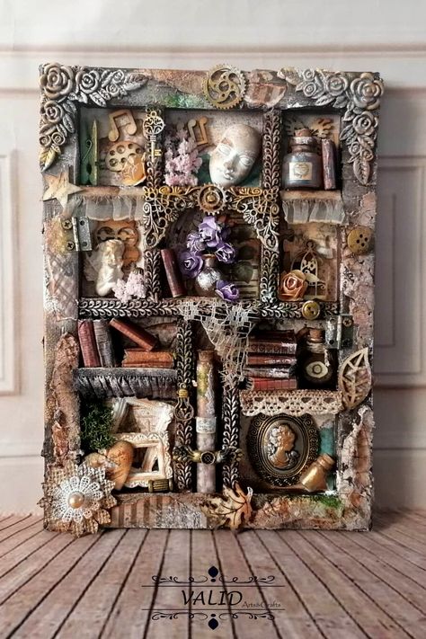 Explore the creative art form of assemblages. Shadow box with a secret. Mixed media technique painting on reverse canvas Assemblage Art Mixed Media, Vintage Mixed Media, Mixed Media Crafts, Steampunk Decor, Box Wall, Shadow Box Art, Found Object Art, Handmade Wall Art, 3d Wall Art