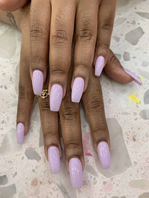 Simple Nail Colors Spring, Summer Nails Violet, Lilac Nails Dip Powder, Coffin Light Purple Nails, Solid Lavender Nails, Lavender Nails By Skin Tone Range, Lavender Squoval Nails, Lavender Short Nails With Design, Pale Purple Nails Acrylic