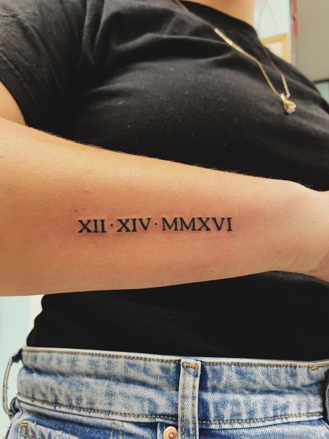 Roman Numerals On Forearm Tattoo, Roman Times Tattoo, Small Remembrance Tattoos Roman Numerals, Bicep Tattoo Women Roman Numerals, Birthdate In Roman Numerals Tattoo, Wrist Tattoos For Women Roman Numerals, 2008 Roman Numeral Tattoo, Clock Font Tattoo, 1977 Roman Numeral Tattoo