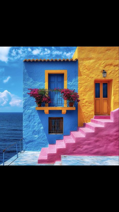 Colourful Houses Painting, Colourful House, Window Stained, Colour Architecture, Beautiful Scenery Photography, Colorful Places, Colourful Buildings, Cottage Art, Foto Art