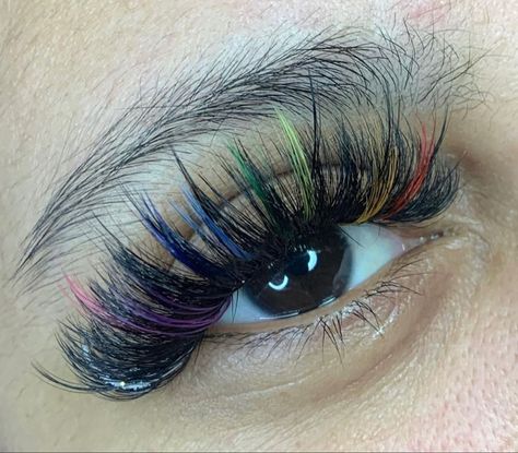 Rainbow Eyelash Extensions, Color Lash Extensions Eyelashes, Rainbow Lashes Extensions, Pride Lash Extensions, Rainbow Lash Extensions, Lashes Extensions With Color, Colorful Eyelash Extensions, Colour Lashes Extensions, Eyelash Extensions Styles With Color