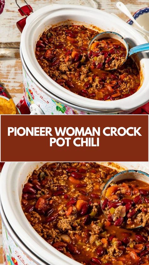 This easy Pioneer Woman Crock Pot Chili is the perfect comforting meal for busy days. It’s a simple, flavorful dish made with ground beef, beans, and smoky chipotle, cooked low and slow for maximum taste. Customize it with your favorite toppings like cheese, sour cream, and jalapeños for a hot, hearty bowl of goodness! Easy Crockpot Chili No Beans, Pioneer Woman Slow Cooker Chili, Chili With Beans Crockpot, Crockpot Chili Pioneer Woman, Pioneer Woman Recipes Chili, Crock Pot Chilli Recipes Slow Cooker, Crock Pot Texas Chili, Slow Cook Chili Crock Pots, Crock Pot Chilli Recipe