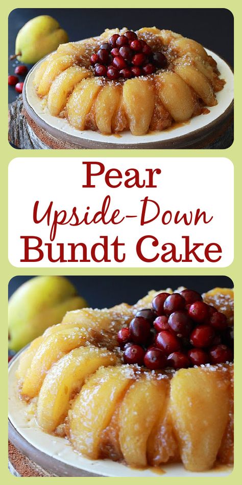 Our Pear Upside-Down Bundt Cake Recipe is a lovely way to celebrate the holidays this year! To make our Pear Up-side Down Cake even more stately, we garnished with fresh cranberries and a sprinkling of decorative sugar, adding the sparkling festive appearance. Bon Appetite! #upsidedowncake #pearcake #holidayrecipe #christmasrecipe #thanksgivingrecipe #pears #cranberries #holidaycake #christmascake #cakerecipe Upside Down Pear Cake Recipe, Pear Bundt Cake Recipe, What Is Pastry Flour, Pear Upside Down Cake, Bundt Cake Recipe, Homemade Snickers, Holiday Dishes, Cupcake Images, Cupcake Bakery