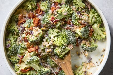 My Make-Ahead Broccoli-Bacon Salad Is So Good, My Friends Require I Bring It to Everything Cookout Dishes, Broccoli Salad Bacon, Veggie Casserole, Popular Side Dishes, Broccoli Salad Recipe, Potato Toppings, Lunch Appetizers, Bacon Salad, Loaded Potato