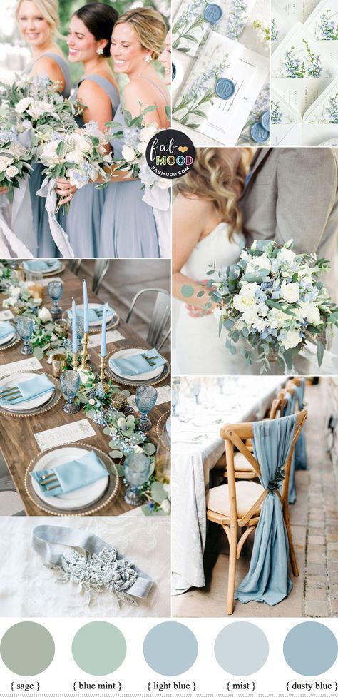 Wedding Light Green Theme, Spring Wedding Colors Blue And Green, Dusty Blue Garden Wedding Theme, Navy Blue Sage Green Wedding Color Palettes, Wedding Colors With Light Blue, Dusty Blue And Sage Green Wedding Colors, Ice Blue And Navy Wedding Theme, October Wedding Blue Color Palettes, Dusty Blue And Sage Wedding Invitations