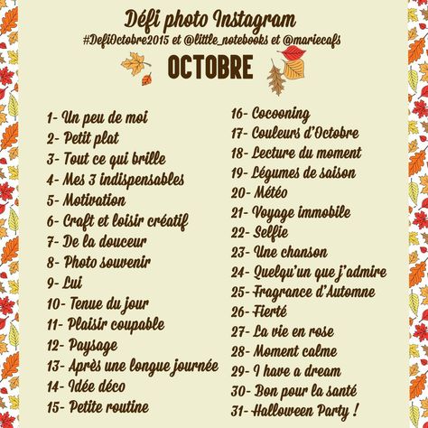 Défi photo instagram Octobre Defi Photo, Organization Bullet Journal, Content Marketing Tools, Instagram Captions For Selfies, Instagram Goals, Photo A Day Ideas, Robert Doisneau, Educational Infographic, Diet Chart