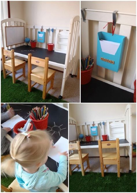 Crafting/Play Station - 20 Delightfully Creative and Functional Ways to Repurpose Old Cribs Boys Room Diy, Old Cribs, Things For Babies, Diy Crib, Diy Crafts Love, Furniture Dolly, Craft Station, Play Station, Funky Furniture