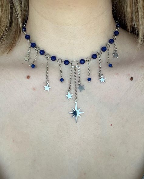 ‘Midnight Sky’ Necklace ⭐️ made with blue stone beads, and complete stainless steel materials 35cm + 6cm extension chain available on my etsy, link in bio #explorepage #jewelry #stars #necklace Blue Jewelry Necklace, Cute Blue Necklace, Blue Handmade Necklace, Diy Star Jewelry, Midnights Jewelry, Necklace Beaded Ideas, Alt Beaded Jewelry, Beaded Chain Necklace Diy, Chain Bead Necklace