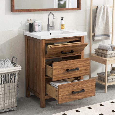 PRICES MAY VARY. 【Stylish 24" Bathroom Vanity】: The bathroom cabinet with log color and grain design can make your home look extremely warm. No matter what the decoration style of your home is, it can be perfectly adapted. Our Bathroom Vanity is the perfect solution for smaller bathrooms like apartment and guest bathrooms. Measuring just 24", this compact vanity is big on style and functionality, making it the ideal choice for any space 【Multi-functional Drawer】: If you need a bathroom vanity th Modern Bathroom Storage, Brown Bathroom Vanity, 24 Inch Bathroom Vanity, Bathroom Vanity Storage, 30 Bathroom Vanity, Vanity With Sink, Wood Bathroom Vanity, Wood Bath, Bathroom Vanity Cabinet