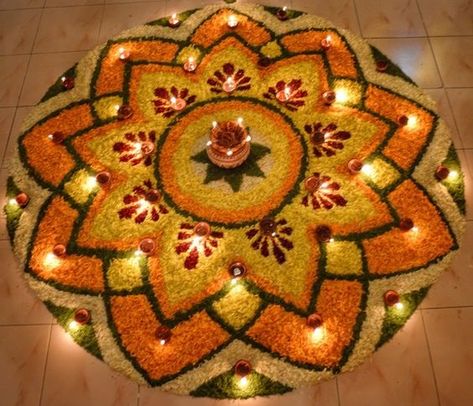 Athapoovu Design, Flower Rangoli For Onam, Rangoli Designs Flower Petals, Rangoli For Diwali With Flowers, Diwali Rangoli From Flowers, Onam Athapookalam Designs, Onam Rangoli Design, Athapookalam Designs Simple, Onam Rangoli Flower