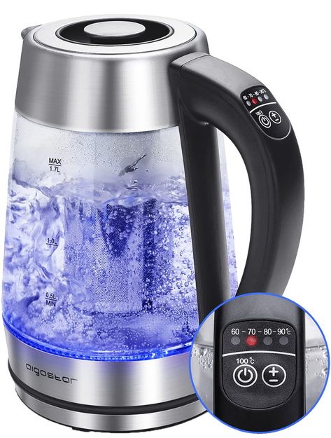 Aigostar Electric Kettle Temperature Control & Tea Infuser 1.7L, Hot Water Tea Kettle with Variable Temperature LED Indicator Light Change Auto Shut-Off Glass Kettle, Instant Water Heater, Electric Tea Kettle, Water Boiler, Water Kettle, Brewing Tea, Tea Infuser, Tea Kettle, Electric Kettle