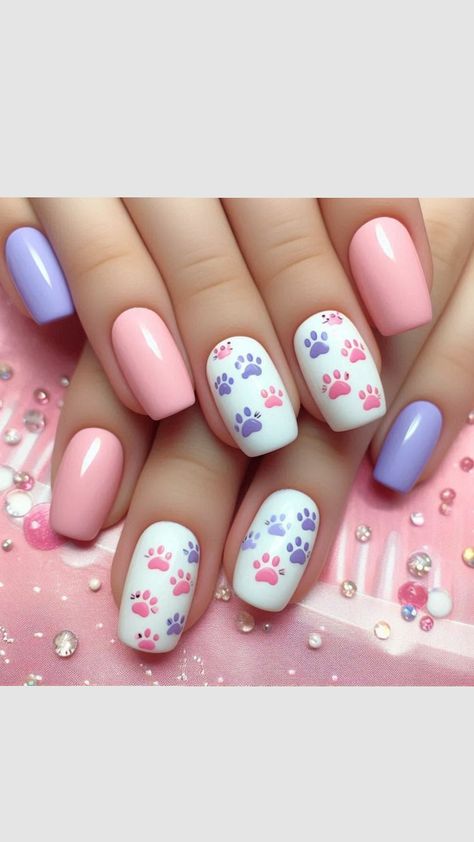 Short Cat Nails Acrylic, Animal Nails Cute, Simple Kids Nail Designs, Cute Kids Nails Ideas, Nail Ideas Cat, Kid Nail Designs Cute, Kid Nails Ideas, Cute Cat Nail Art, Puppy Nails Designs