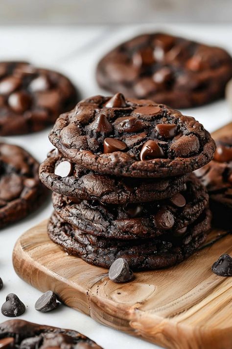 Double Chocolate Chip Cookies Recipe - Insanely Good Brownie Board, Double Chocolate Chip Cookies Recipe, Apothecary Recipes, Double Chocolate Chip Cookie Recipe, Gourmet Chocolate Chip Cookies, Double Chocolate Cookies Recipe, Dark Chocolate Cookies, Chocolate Biscuits, Skillet Cookie