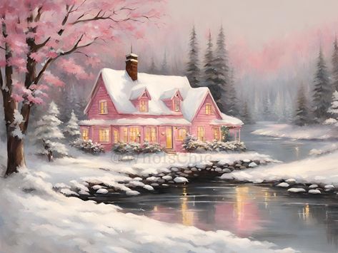 Instantly download this cute pink Christmas Cozy Snowy House digital print! Vintage Pink Christmas Images, Aesthetic Christmas Painting, Pink Christmas Painting, Pink Christmas Aesthetic Vintage, Pink Christmas Room Decor, Iphone Esthetics, Snowy Christmas Decor, Pink Christmas House, Pink Winter Aesthetic