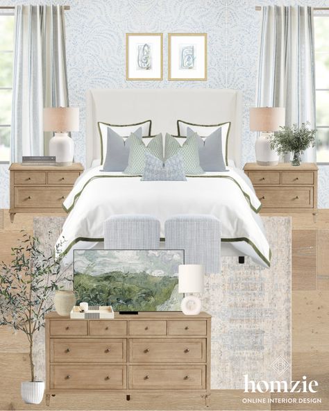 Neutrals And Blue Bedroom, Neutral Bedroom Hint Of Blue, Neutral Decor With Blue Accents, Neutral Bedroom Dark Floors, Master Bedrooms Decor Costal, Country Hamptons Style Bedroom, Grey And Blue Coastal Bedroom, Neutral And Blue Bedding, Blue Night Stands Bedroom