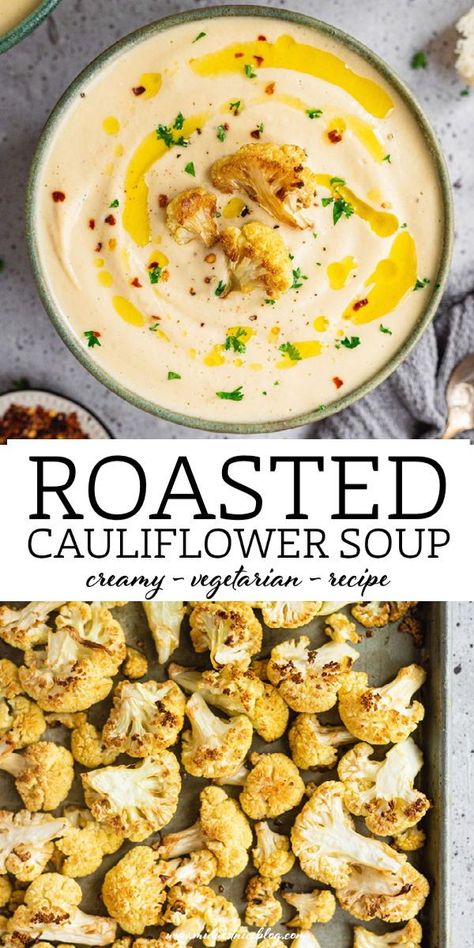 This recipe for roasted cauliflower soup is a comforting and filling vegetarian meal that has a splash of cream for richness and a pinch of red paper flake for spice. Make a big batch to freeze and reheat for an easy dinner anytime! Cauliflower And Rice Recipes, Roasted Cauliflower Soup Recipes, Roasted Soup Recipes, Riced Cauliflower Soup, Cauliflower Recipes Soup, Soup Recipes Cauliflower, Roast Cauliflower Soup, Coliflower Soup, Easy Low Carb Soup