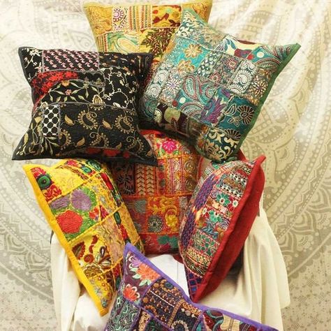 Indian Bohemian Pillow Cover Decorative throw pillow Boho Accent pillow Vintage Embroidered Pillow patchwork Pillow Sari Pillow Sofa pillow by MultimateCollection on Etsy Cottage Cushions, Indian Patchwork, Patchwork Cushion, Vintage Cushions, Patchwork Pillow, Cover Sofa, Sofa Pillow, Boho Pillow, Embroidered Pillow