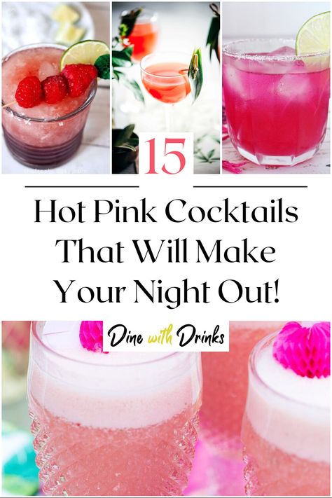 Collage of 4 hot pink cocktails. Pink Big Batch Cocktails, Legally Blonde Cocktail, Bright Pink Cocktail, Cocktail Night Food Ideas, Pink Party Ideas For Adults Decorations, Hot Pink Cosmopolitan, Girl Cocktail Drinks, Hot Pink Alcoholic Drinks, Barbie Drinks Party