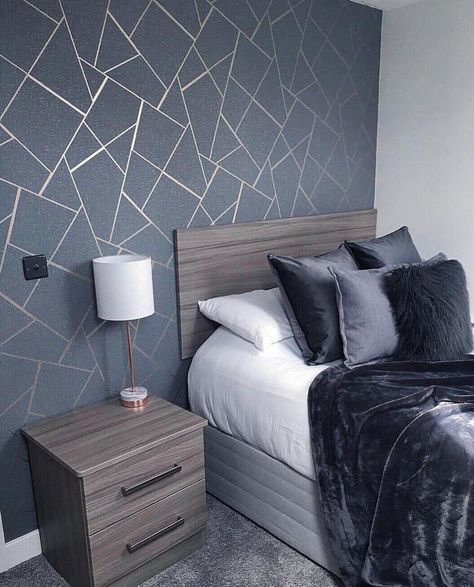 WM4228301 Wallpaper Gray Charcoal Black Metallic Textured Geometric Tr – wallcoveringsmart Bedroom Wallpaper Accent Wall, Ideas Armario, Wallpaper Design For Bedroom, Double Bed Designs, Accent Wall Bedroom, Wallpaper Accent Wall, Contemporary Wallpaper, Bad Design, Decoration Inspiration