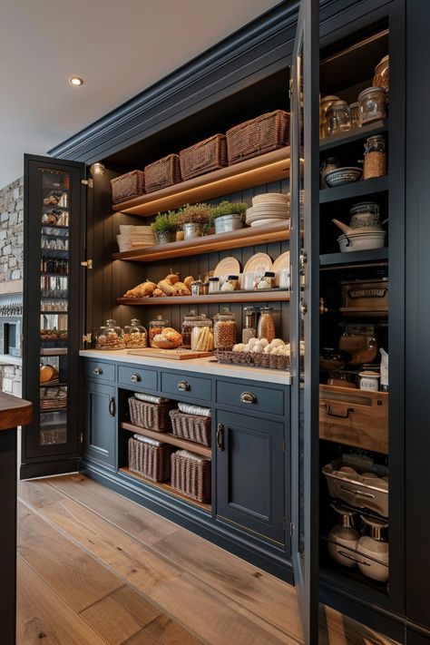 Beautiful custom luxury kitchen pantry. Interior Design Per La Casa, Kitchen Pantry Design, 카페 인테리어 디자인, Blue Cabinets, Pantry Design, Kitchen Remodel Idea, Kitchen Makeover, Custom Kitchen, Küchen Design