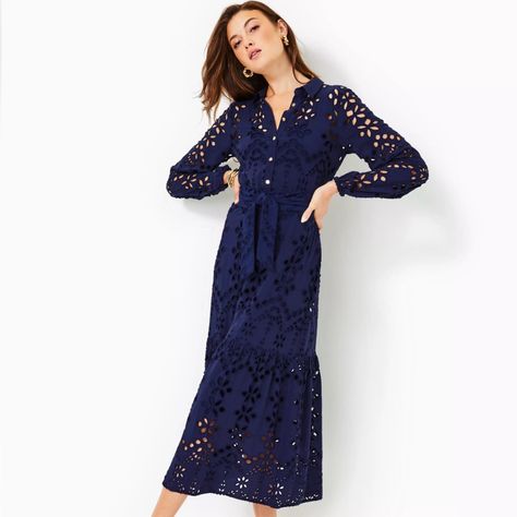 Introducing The Zia Eyelet Midi Shirtdress. Chic And Comfortable, This Dress Features An Easy Fit, Tall Hem Ruffle, And Comes Complete With A Separate Sash And Jersey Slip Lining For A Versatile And Stylish Look. Easy Fit, Long Sleeve, Midi Shirtdress With A Tall Hem Ruffle, Detachable Sash, And A Separate Jersey Slip Lining. Size 2 True Navy, Gold Lilly Buttons $348 Sold Out Eyelet Maxi Dress, Belted Midi Dress, Eyelet Dress, Mom Dress, Long Sleeve Midi, Lilly Pulitzer Dress, Long Sleeve Midi Dress, Shirtdress, Cocktail Dress Party