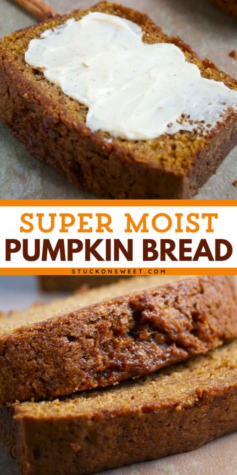 Pumpkin food ideas? This easy moist pumpkin bread recipe is for you! Learn how to make this best pumpkin bread with a ton of fall flavor given by the spices like nutmeg, cinnamon, and pumpkin pie spice. Cinnamon maple butter also helps! A must-try! Super Moist Pumpkin Bread, The Best Pumpkin Bread, Best Pumpkin Bread, Best Pumpkin Bread Recipe, Baking Fails, Bread Pumpkin, Healthy Pumpkin Bread, Best Homemade Bread Recipe, Pumpkin Spice Bread