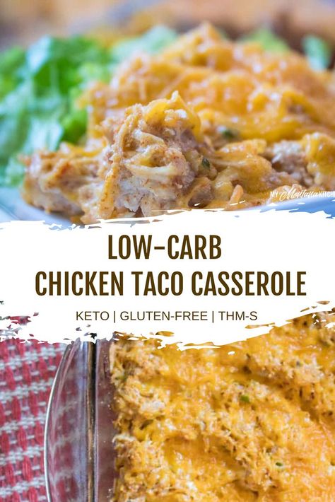 This easy low carb chicken taco casserole makes a great healthy family dinner. This Mexican inspired healthy keto bake is filled with shredded or rotisserie chicken, sour cream, taco flavor (+ a secret vegetable) and makes one of the best cheesy taco casserole recipes! (A video is included as well as a printable PDF of the recipe!) #tacocasserole #tacotuesday #ketocasserole Keto Chicken Taco Recipes, Low Carb Chicken Taco Casserole, Keto Chicken Taco Casserole, Keto Mexican Chicken Casserole, Low Carb Chicken Tacos, Low Carb Chicken Casseroles, Keto Taco Chicken, Keto Dad Recipes, Taco Chicken Casserole