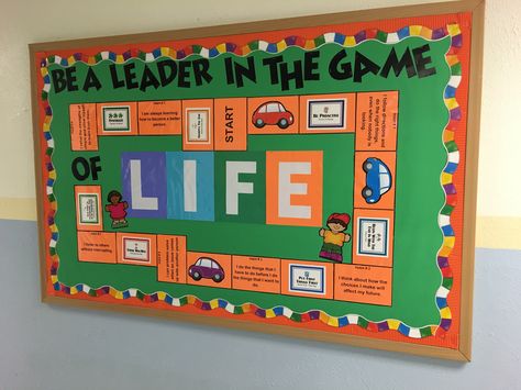 Uno Bulletin Board Ideas, Game Show Bulletin Board Ideas, Board Game Classroom Door Decorations, Game Of Life Bulletin Board, Interactive Game Bulletin Board, Game Plan Bulletin Board, Board Game Classroom Theme, Teacher Teaching Students, Leadership Games