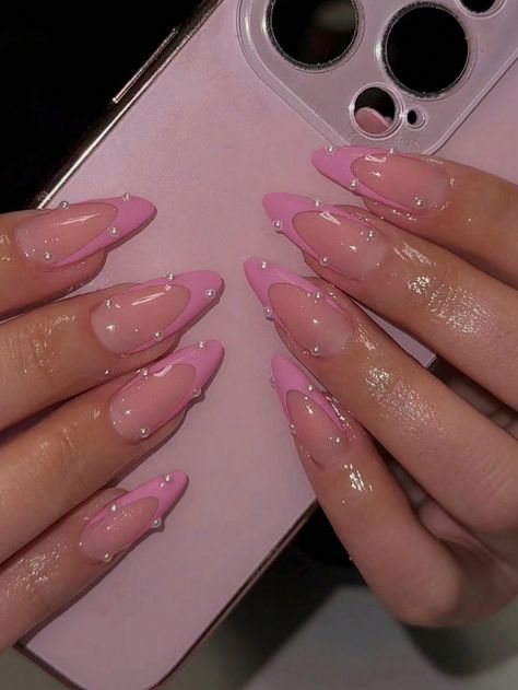 Almond Nails Designs Summer, Almond Nails Pink, Pink French Nails, Image Nails, Baby Pink Nails, Long Nail Designs, Almond Shape Nails, Pearl Nails, Almond Acrylic Nails