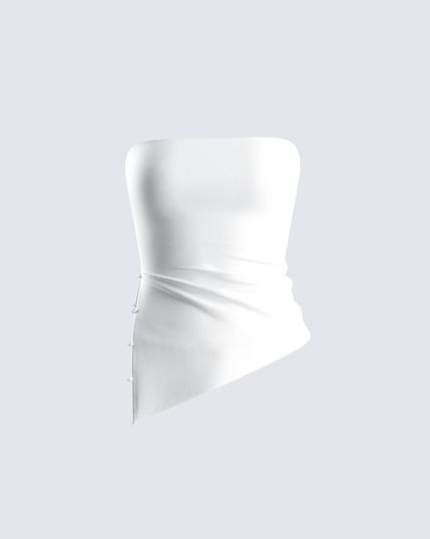 Basic? We could never 💅 Constructed from stretch jersey fabric and boasting an internal bandeau bra, an asymmetrical hem, and self-covered buttons - this ivory asymmetrical top is all you need to effortlessly take your fit to the next level 🤍 Asymmetrical Top Outfit, Black Off Shoulder Top, The Sistine Chapel, White Tube Top, Sistine Chapel, Bandeau Bra, Sequin Mini Skirts, Print Pants, Mini Sweater Dress