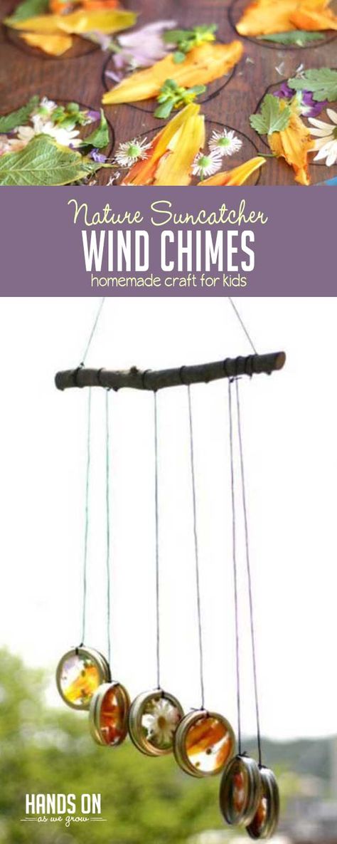 Super simple suncatcher wind chimes to make with your kids using flowers and leaves!  via @handsonaswegrow Wax Paper Sun Catcher, Sukkot Crafts For Kids, Nature Wind Chimes, Tin Can Wind Chimes, Can Wind Chimes, Handicrafts For Kids, Wind Chimes For Kids, Leaves Preschool, Nature Suncatcher