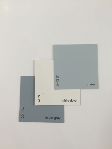 2131-50 Nimbus Gray paired with PM-19 White Dove and 2122-40 Smoke. Benjamin Moore Kitchen Paint Colors With Cherry, Interior Paint Colors For Living Room, Interior Paint Colors Schemes, Paint Color Schemes, Neutral Paint Colors, Kitchen Paint Colors, Exterior Paint Colors For House, White Dove, Powder Rooms