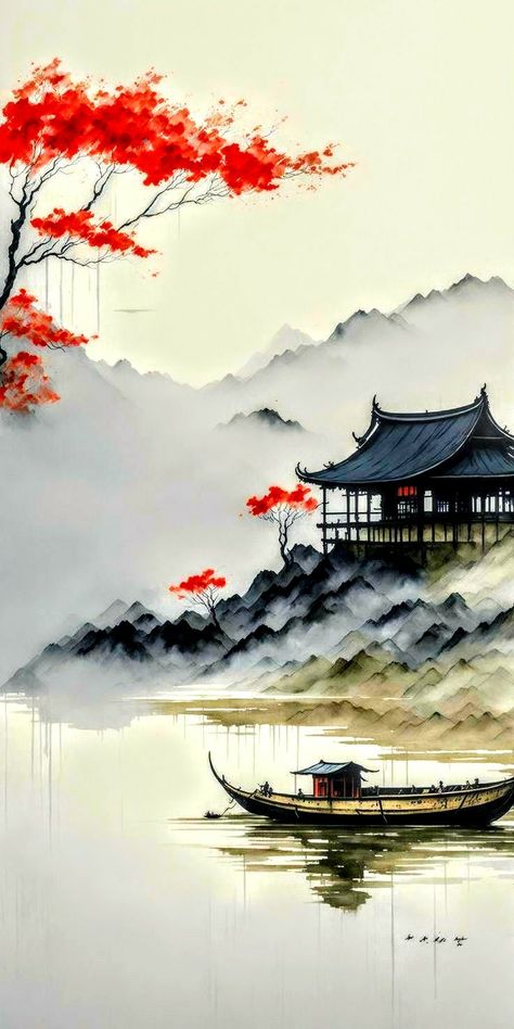 Asian Phone Wallpaper, Chinese Phone Wallpaper, Chinese Wallpaper Backgrounds, Japanese Landscape Wallpaper, Japanese Scenery Art, Japanese Style Wallpaper, Japanese Wallpapers, Japanese Ink Painting, الفن الرقمي