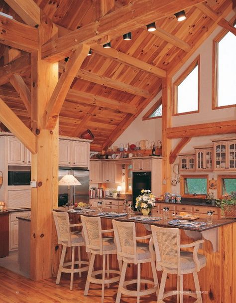 Kitchens Loft Above Kitchen, Timber Frame Cabin, Cabin Loft, Exterior Finishes, Barn Loft, Wooden House Design, Timber Frame Home, Open Loft, Barn House Design