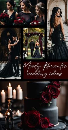 Dark Fall Wedding Ideas, Dark Romantic Wedding Theme, Dark Wedding Theme Black, Weddings Inspiration Romantic, Dark Moody Romantic Wedding, Black And Maroon Wedding, Goth Wedding Ideas, Dark Wedding Aesthetic, Black Fall Wedding