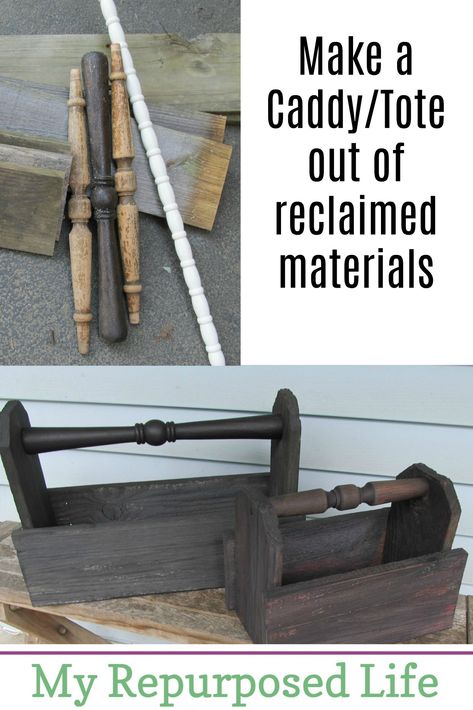 How to make a diy wooden caddy using reclaimed materials such as fencing and chair parts. Step by step tutorial so you can make one of these today! #MyRepurposedLife #relcaimed #fence #spindles #wooden #caddy via @repurposedlife How To Decorate A Wooden Tool Caddy, Decorating With Old Wooden Tool Boxes, Wood Caddy, Vintage Tool Caddy Decor, Wood Craft With Tools Childeren, Spindle Crafts, Diy Recycled Projects, Chair Parts, Interior Minimalista