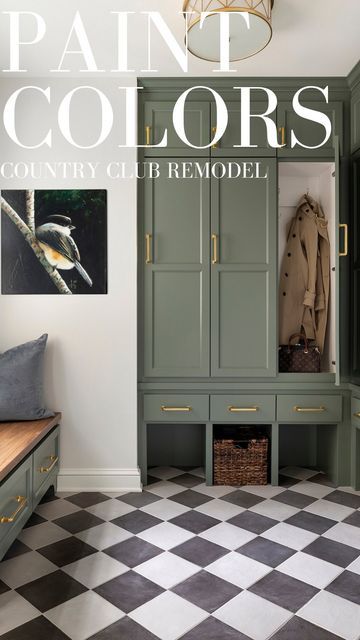 Dark Green Laundry Cabinets, Mudroom Color Scheme, Dark Green Mudroom Cabinets, Dark Green Mudroom, Green Mudroom Cabinets, Green Mudroom, Cushing Green, Mudroom Paint, Mudroom Paint Color