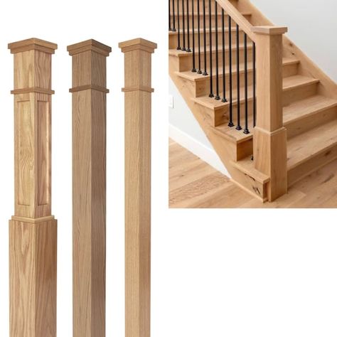 SnyderStairandRail - Etsy Stair Newel Post Ideas, Interior Railing Ideas, Stair Railings Farmhouse, Farmhouse Railing, Stair Banister Ideas, Newel Posts For Stairs, Craftsman Staircase, Oak Newel Post, Wooden Railing