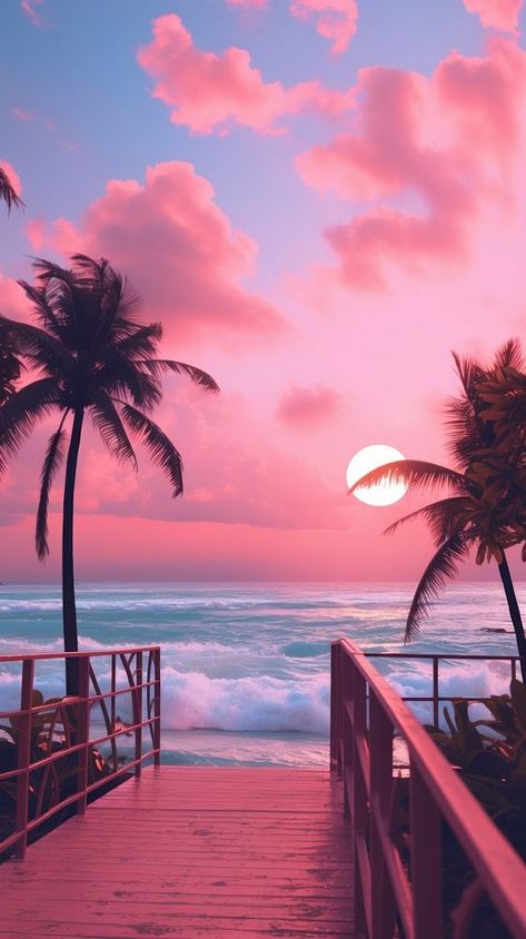 Pink aesthetic beach outdoors horizon nature. | premium image by rawpixel.com Pink Sunset Wallpaper Aesthetic, Pink And Blue Beach Aesthetic, Pink Beach Background, Pink Beachy Aesthetic, Pink Beach Aesthetic Wallpaper, Pink Palm Trees Wallpaper, Iphone Sunset Wallpaper, Pink Aesthetic Beach, Pink Beach Wallpaper